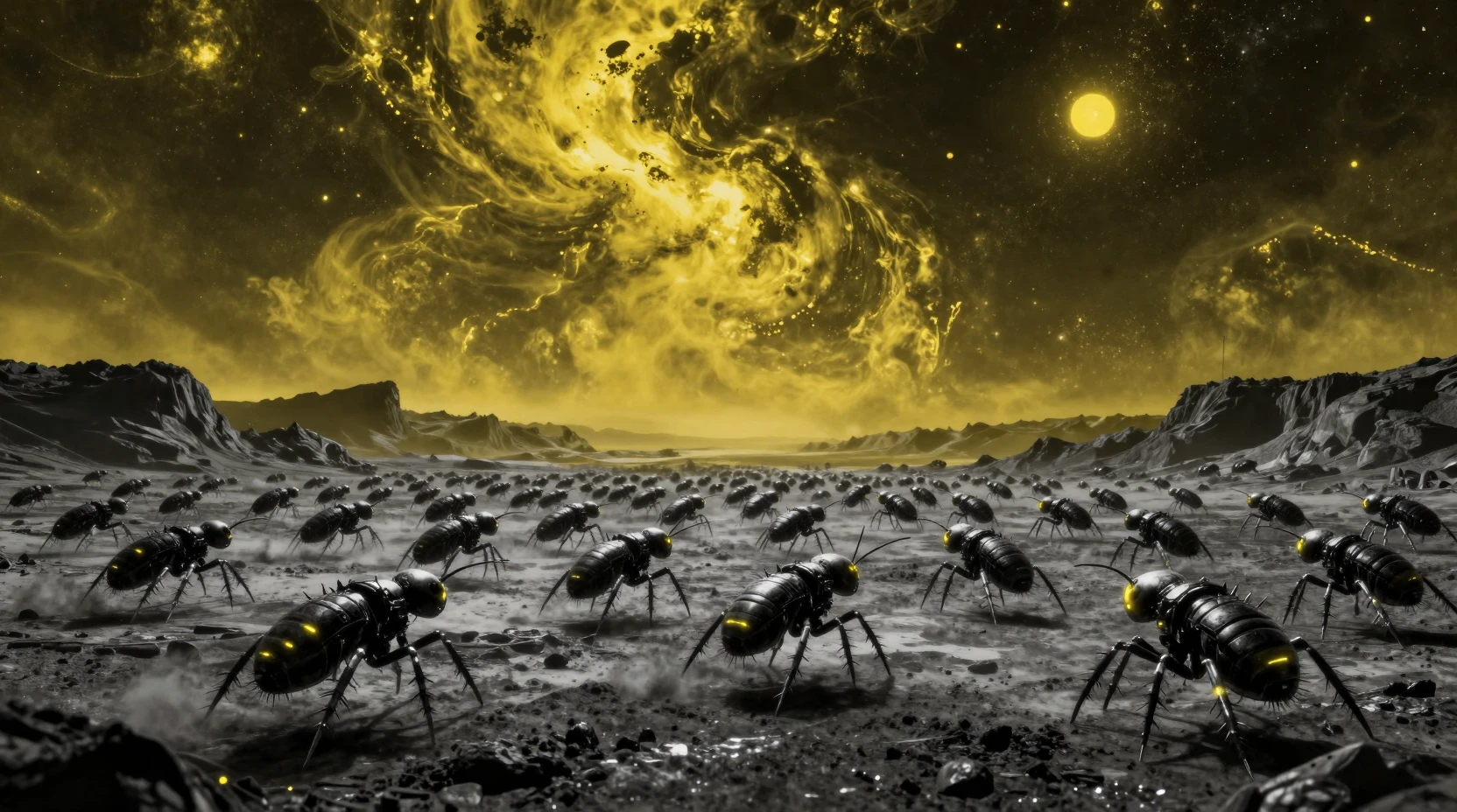 Essaim de termites extraterrestres filant à travers un désert futuriste