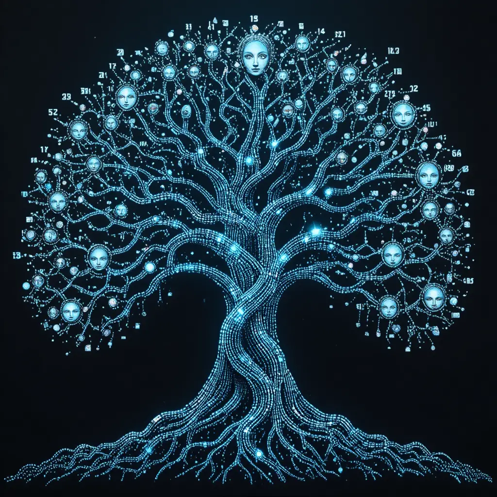 Pointillist abstract genealogical tree in cosmic space
