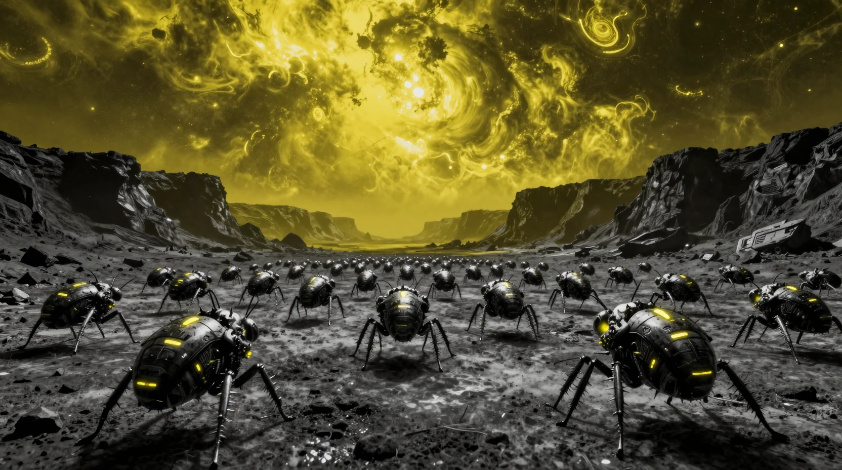 Immense essaim d’insectes aliens traversant une vallée sombre et désertique