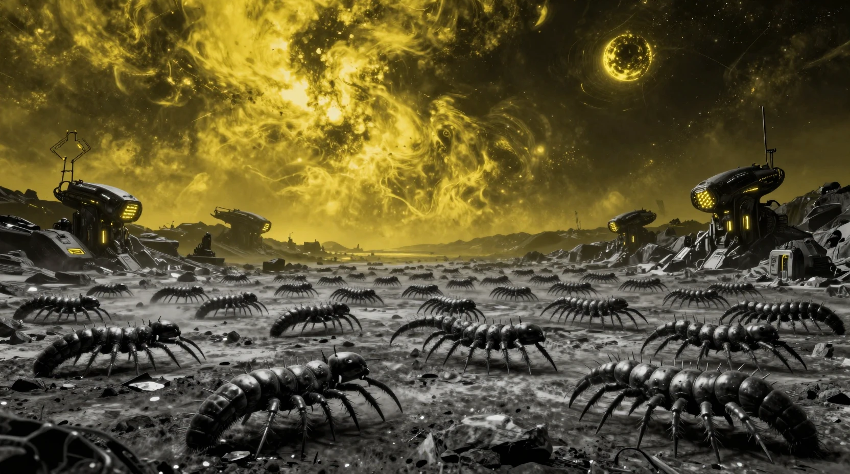 Essaim de mille-pattes aliens fonçant à travers un désert cosmique