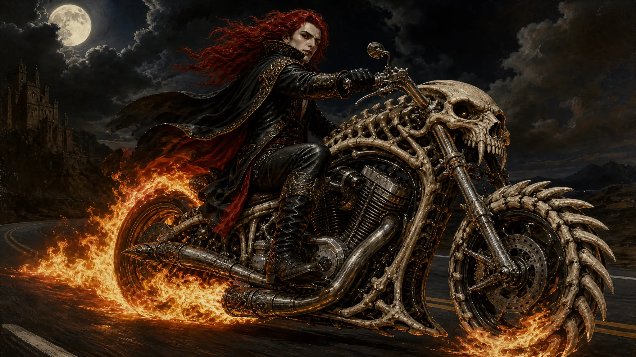 Vampire biker rides bone motorcycle on flaming night highway
