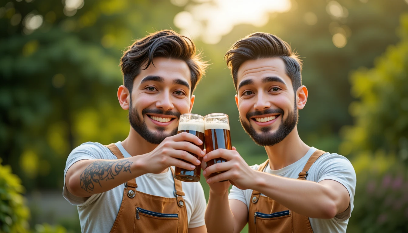 Two smiling men toasting beers in a sunny park