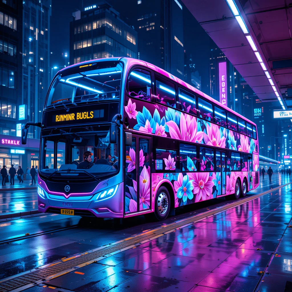 Ônibus de dois andares com flores em neon em estação de cidade futurista