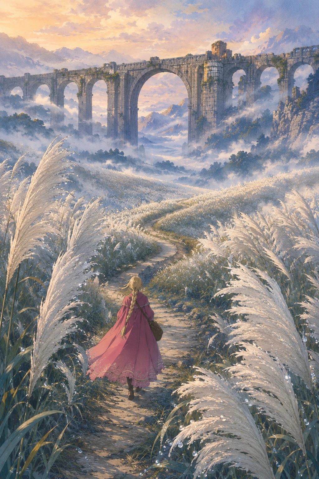 Lone traveler in a towering pampas grass valley at dawn