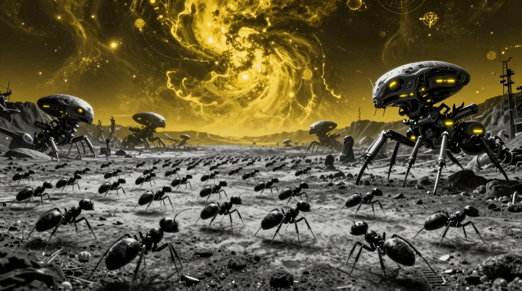 Mutated alien ant swarm crossing a dark wasteland valley