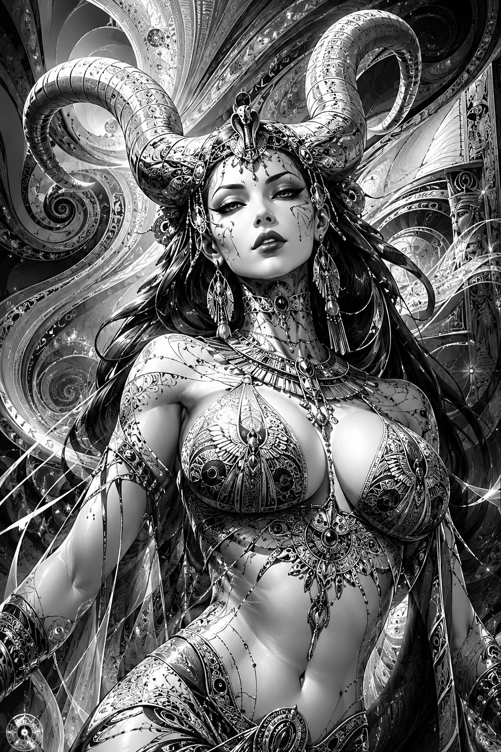 Horned egyptian queen in dramatic fantasy digital painting