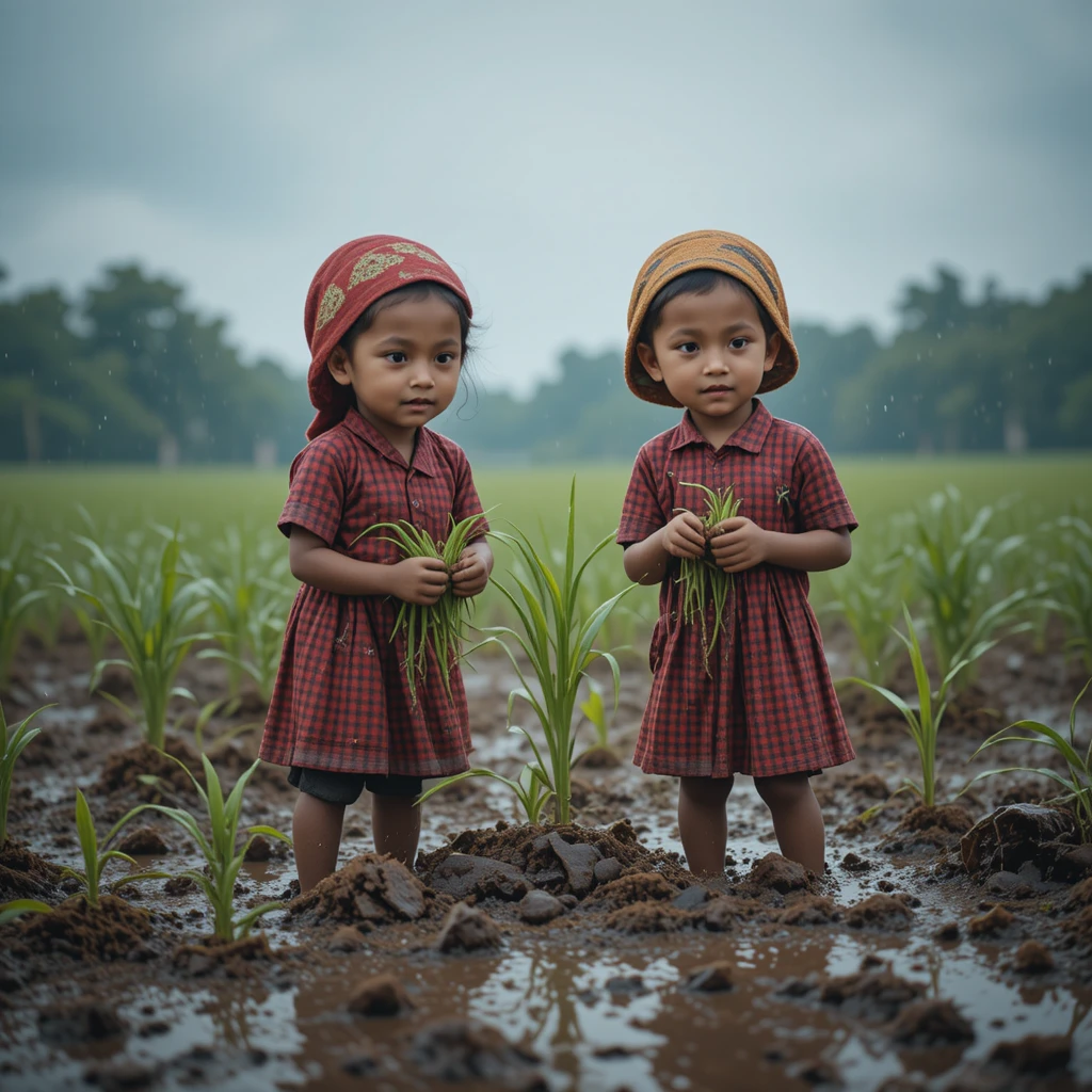 Crianças da aldeia plantando arroz em um campo lamacento de monções