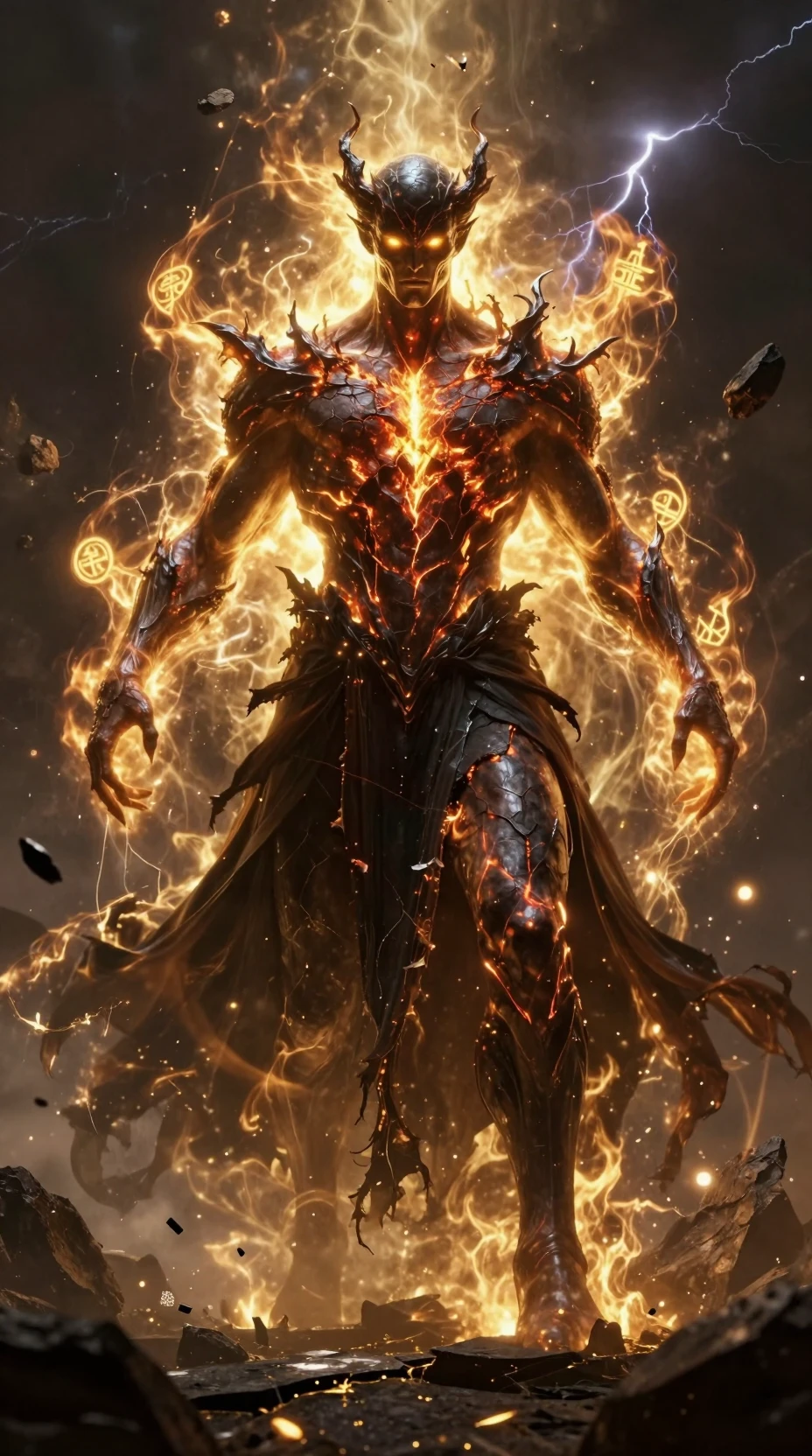 Retrato de Demônio Colossal Envolto em Escura Fúria Flamejante
