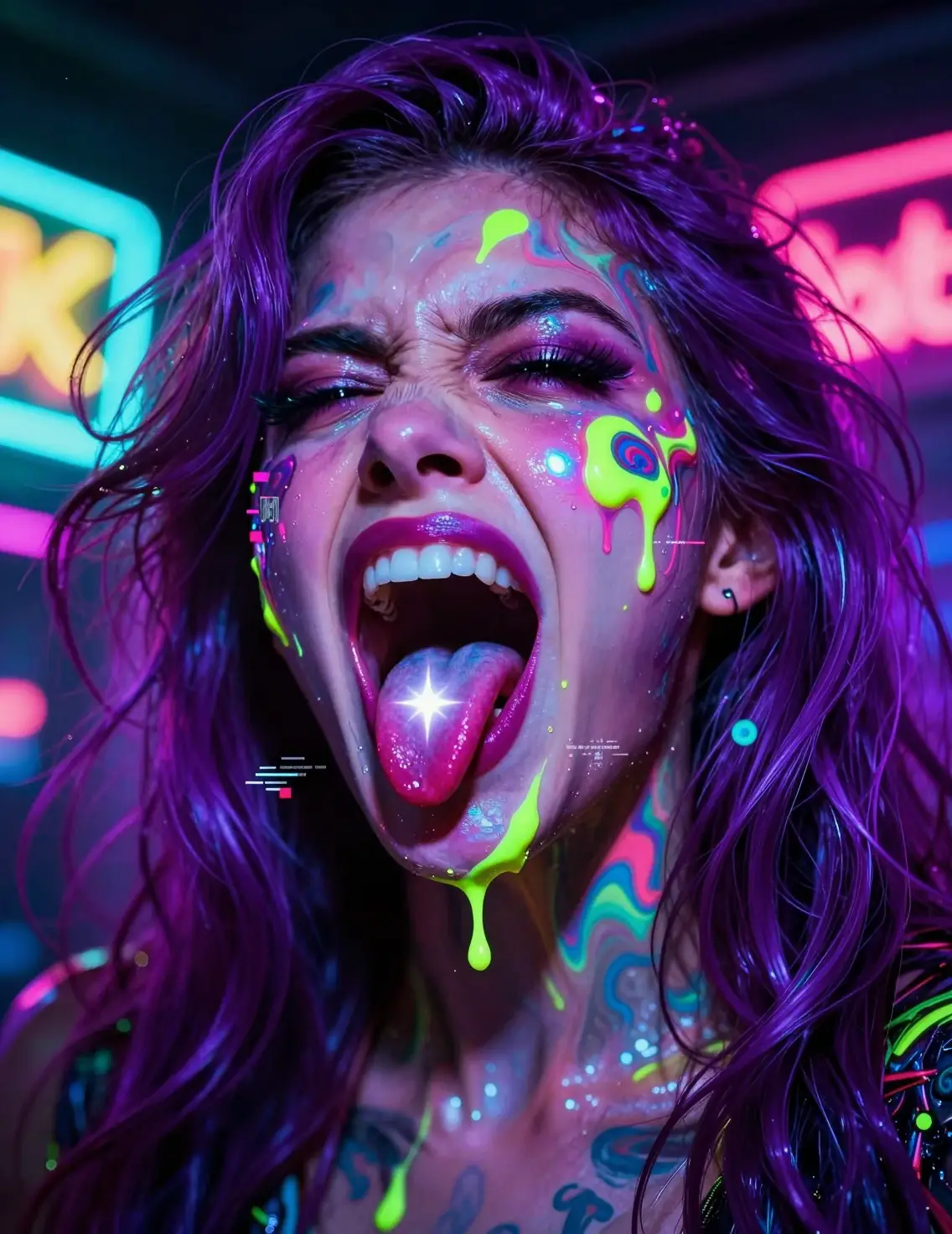 迷幻風格的尖叫女子特寫，融化般的頭髮