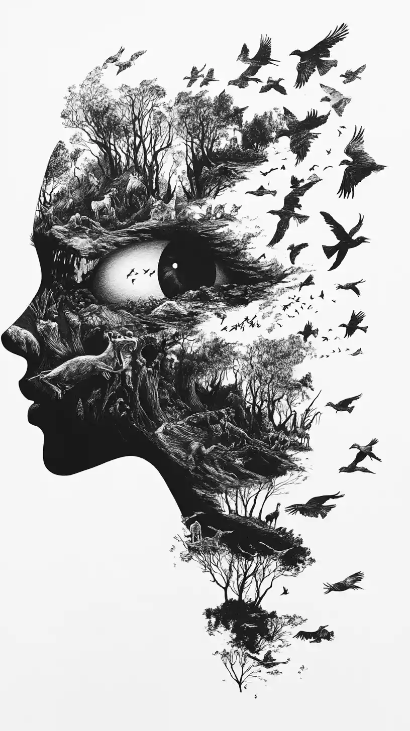 Paisagem surreal de perfil repleta de vida fantástica migratória
