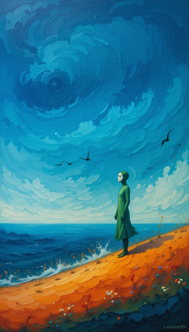Silhueta verde diante de um horizonte em chamas sobre mar azul