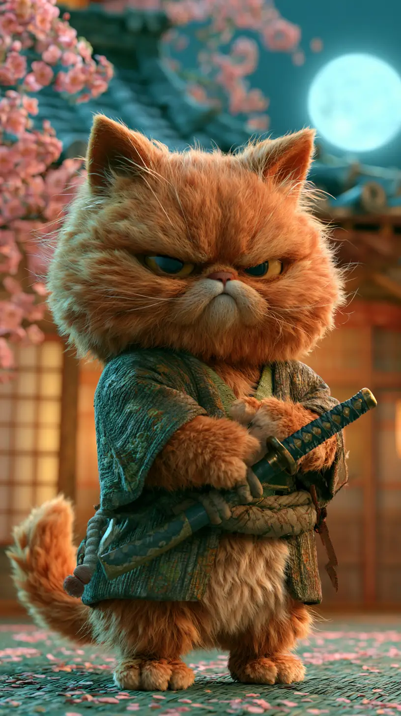 Wild entschlossene orange Samurai-Katze unter einem leuchtenden Vollmond