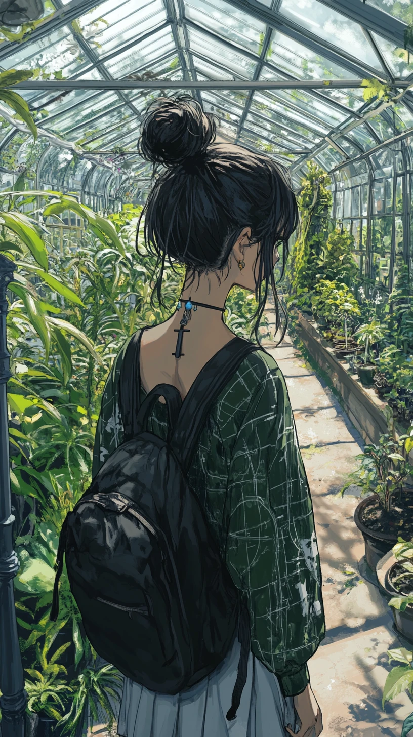 Anime girl standing in a lush greenhouse interior