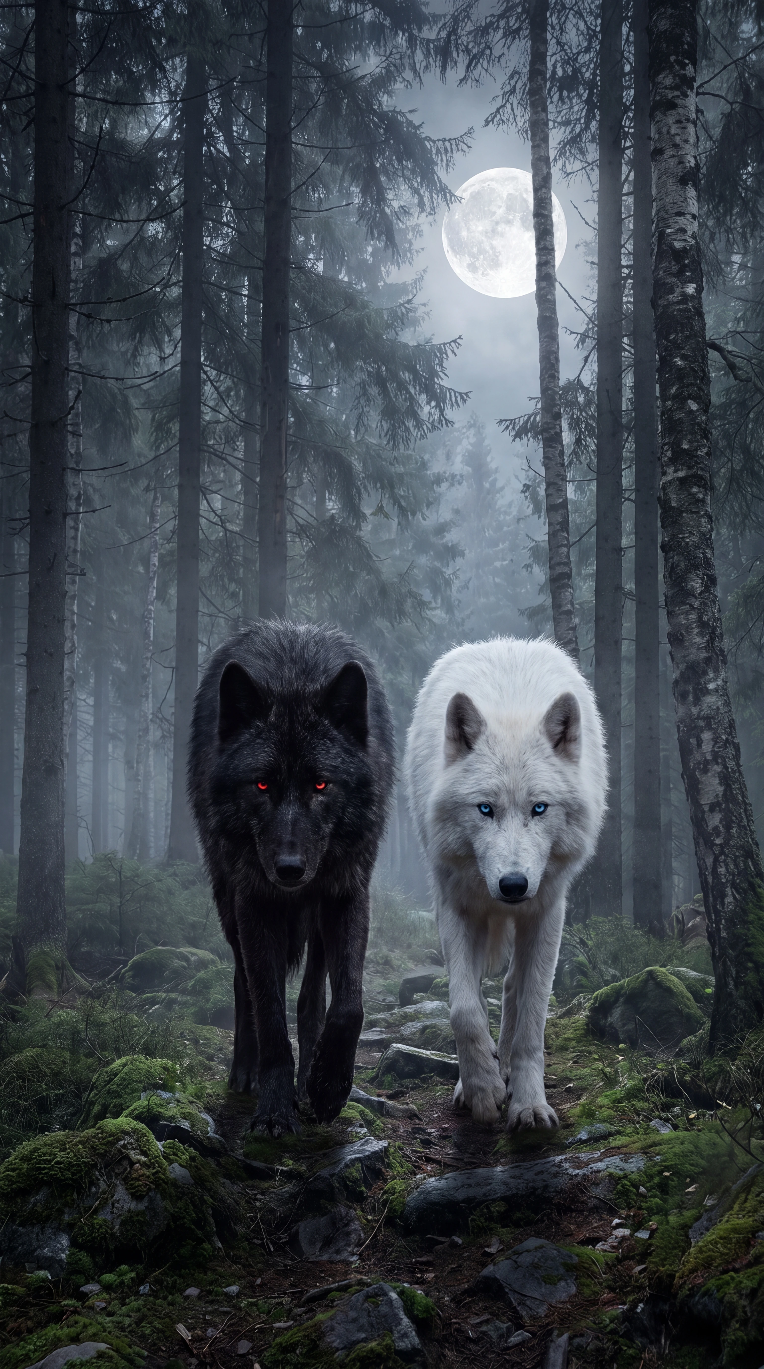 Lobos preto e branco vagando por uma floresta enevoada ao luar