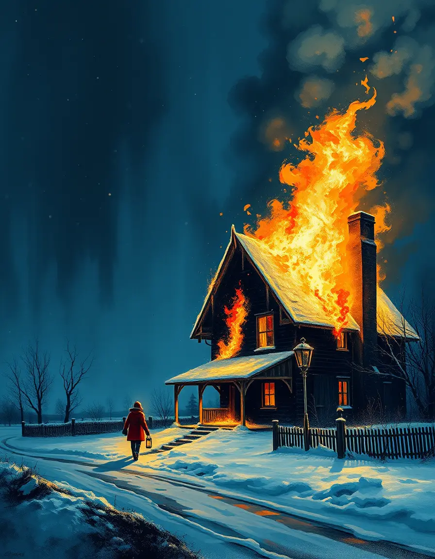 Burning winter house in snow under a dark blue night sky
