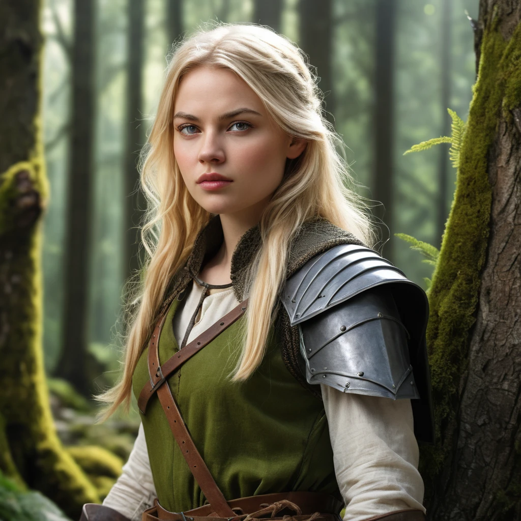 Blonde medieval ranger woman standing in a mountain forest
