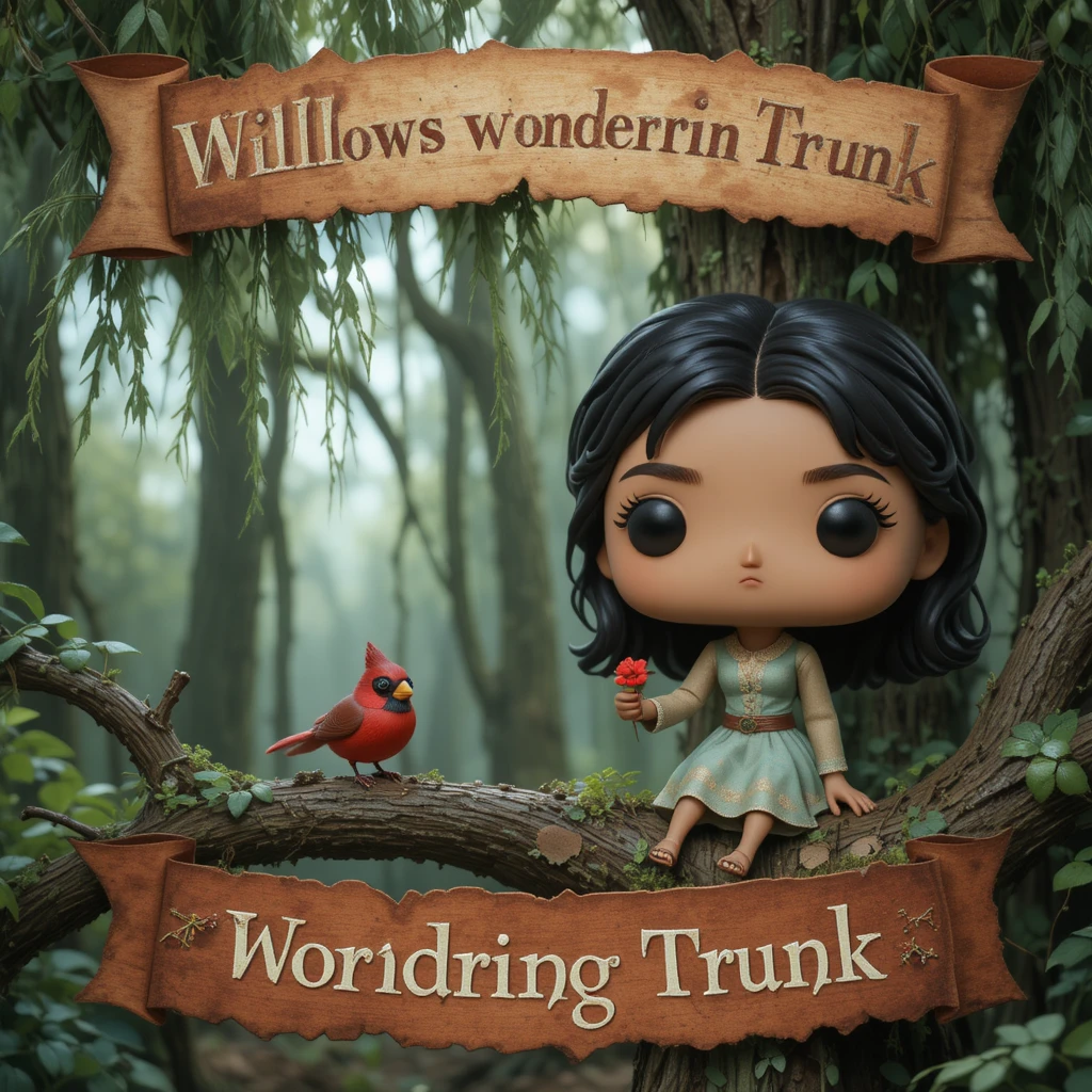Mulher em estilo Funko Pop ao lado de banner com salgueiro