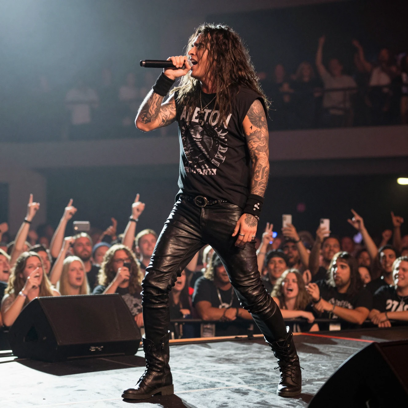 Rock singer performing on stage with heavy metal band