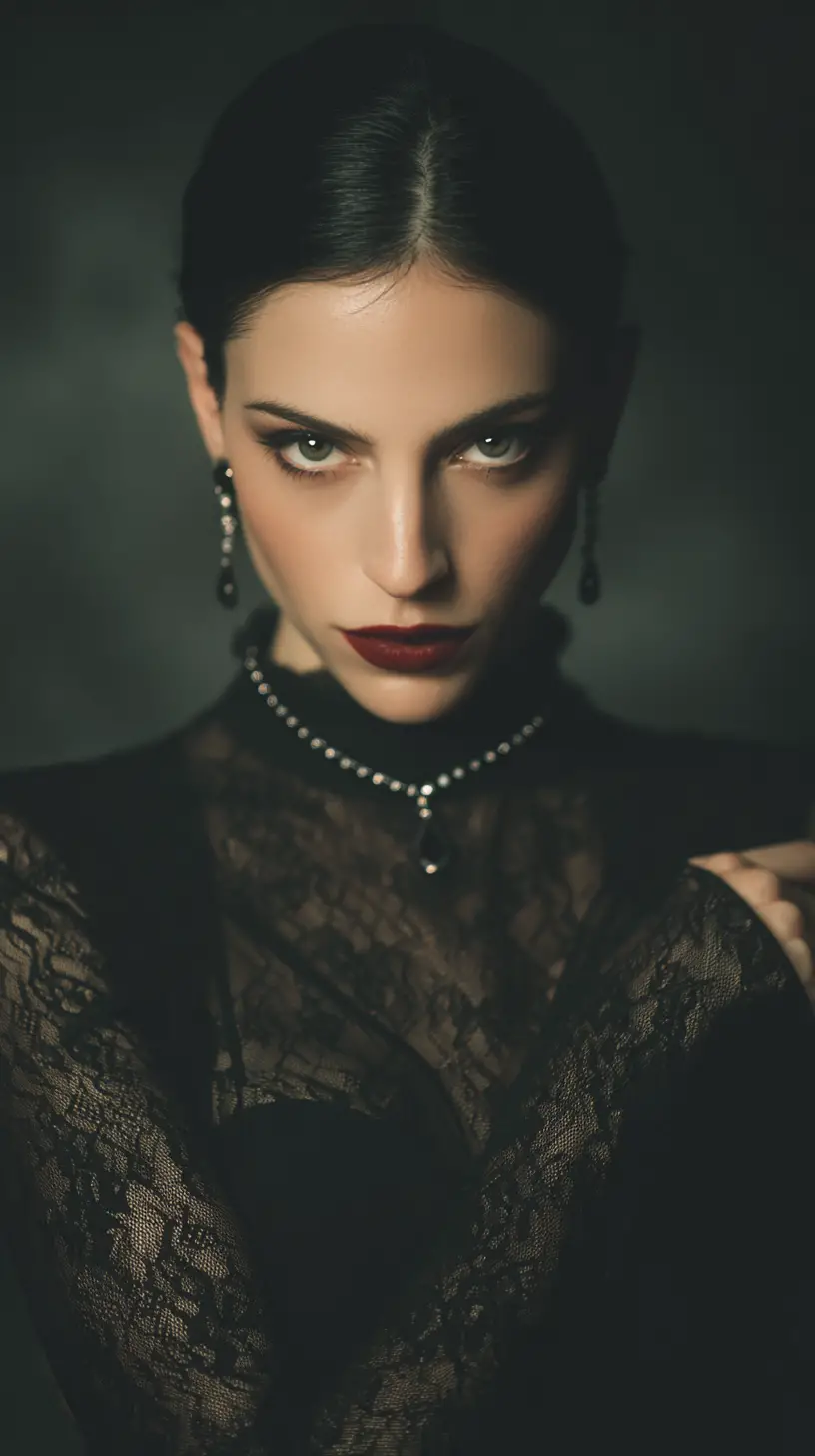 Geheimnisvolle Femme fatale mit dunkler, eleganter Ausstrahlung