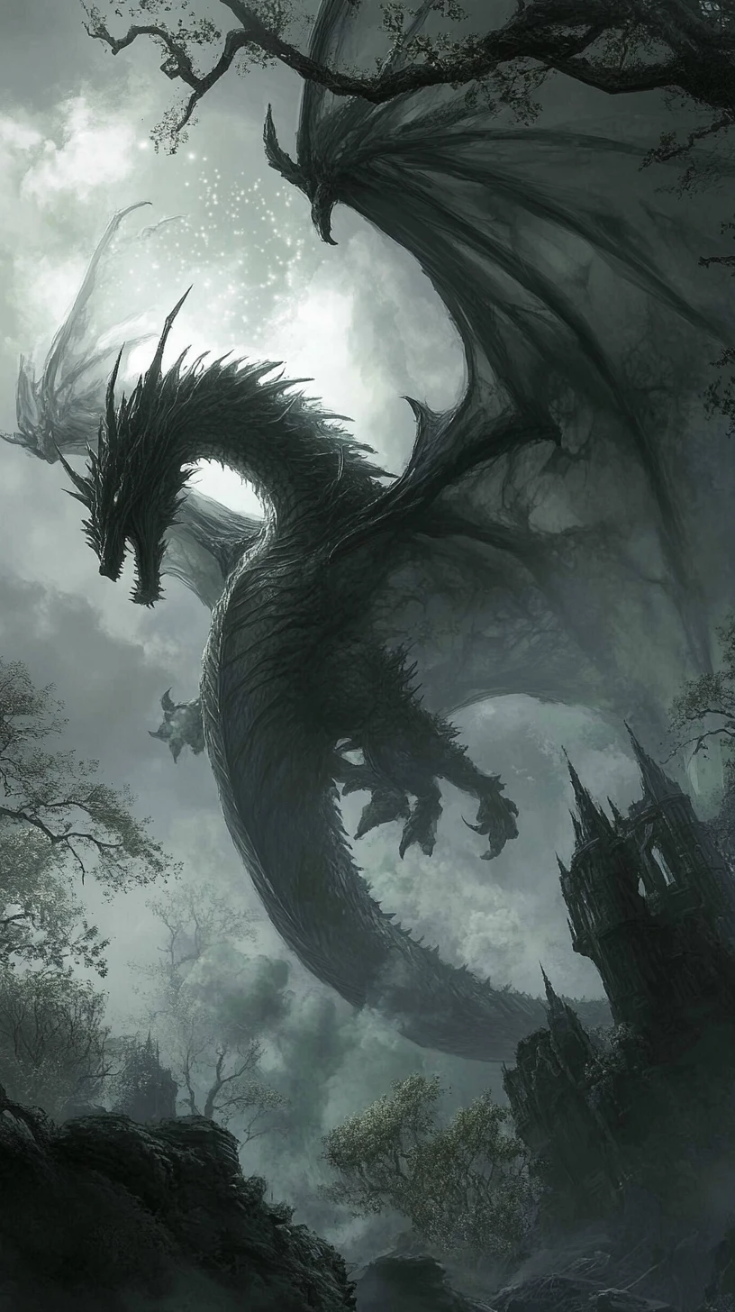 Dragón colosal formando un paisaje de fantasía surreal y vivo