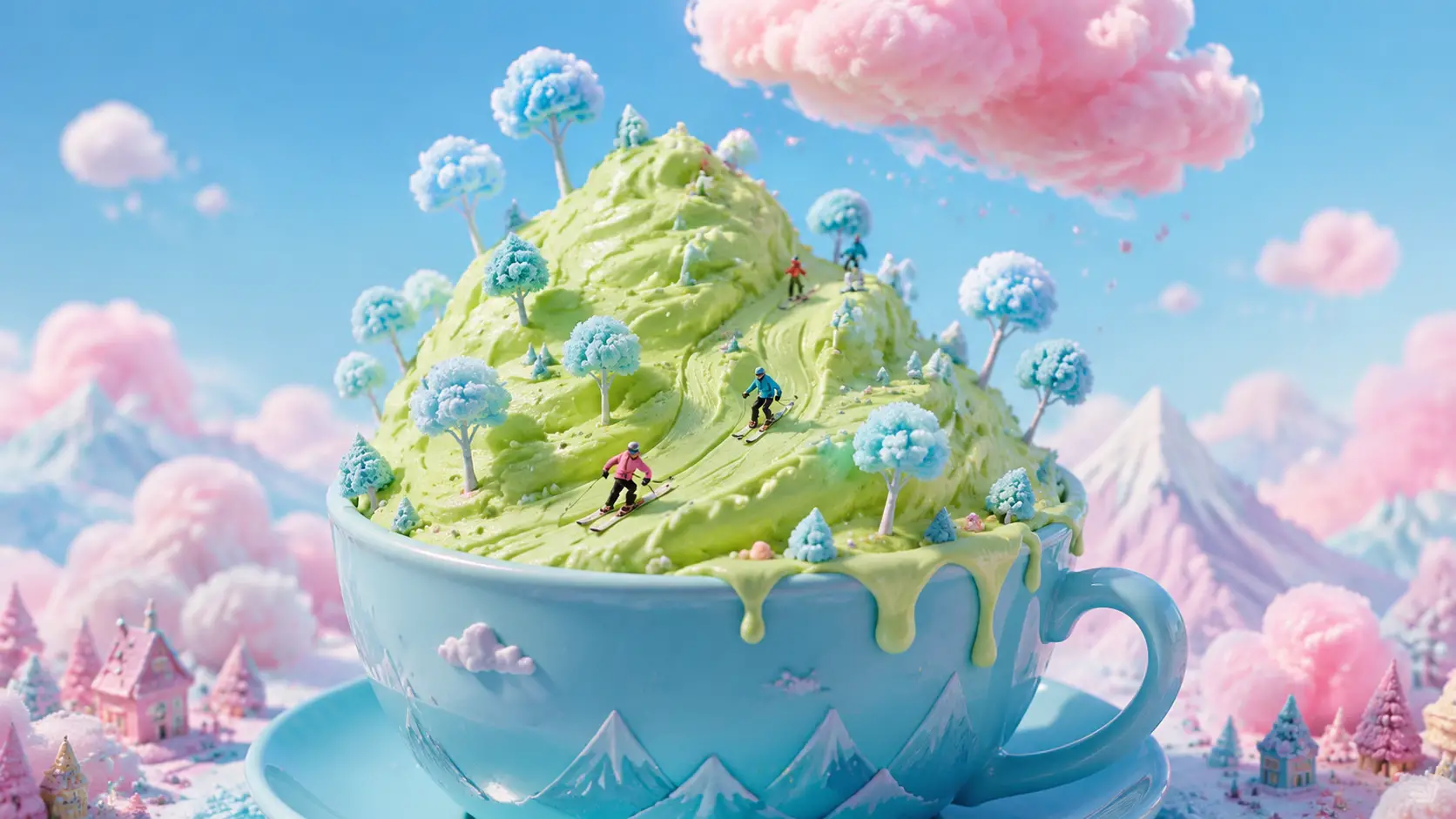 杯中綠色冰淇淋雕塑而成的奇幻風景