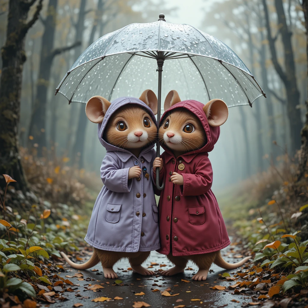 Dois ratinhos compartilhando um guarda-chuva em uma trilha de floresta chuvosa