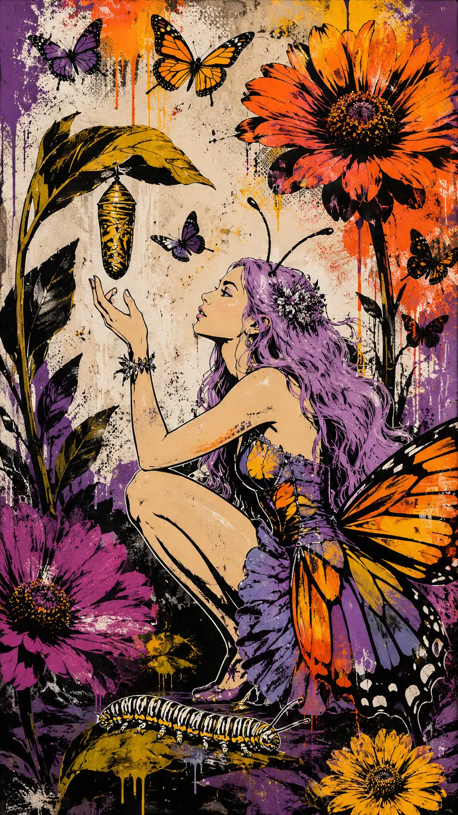 Full body fantasy woman with butterflies in graphic style