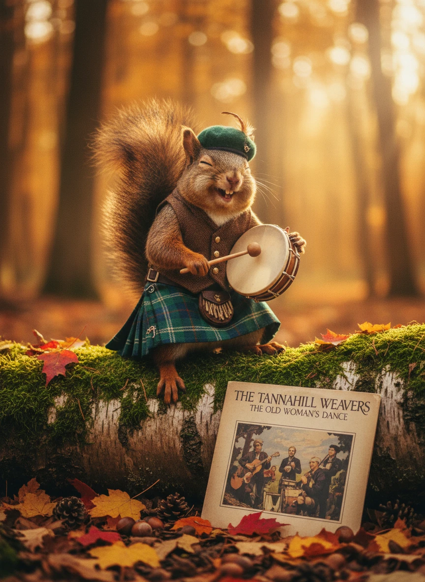 Celtic squirrel drummer on a mossy log in autumn forest
