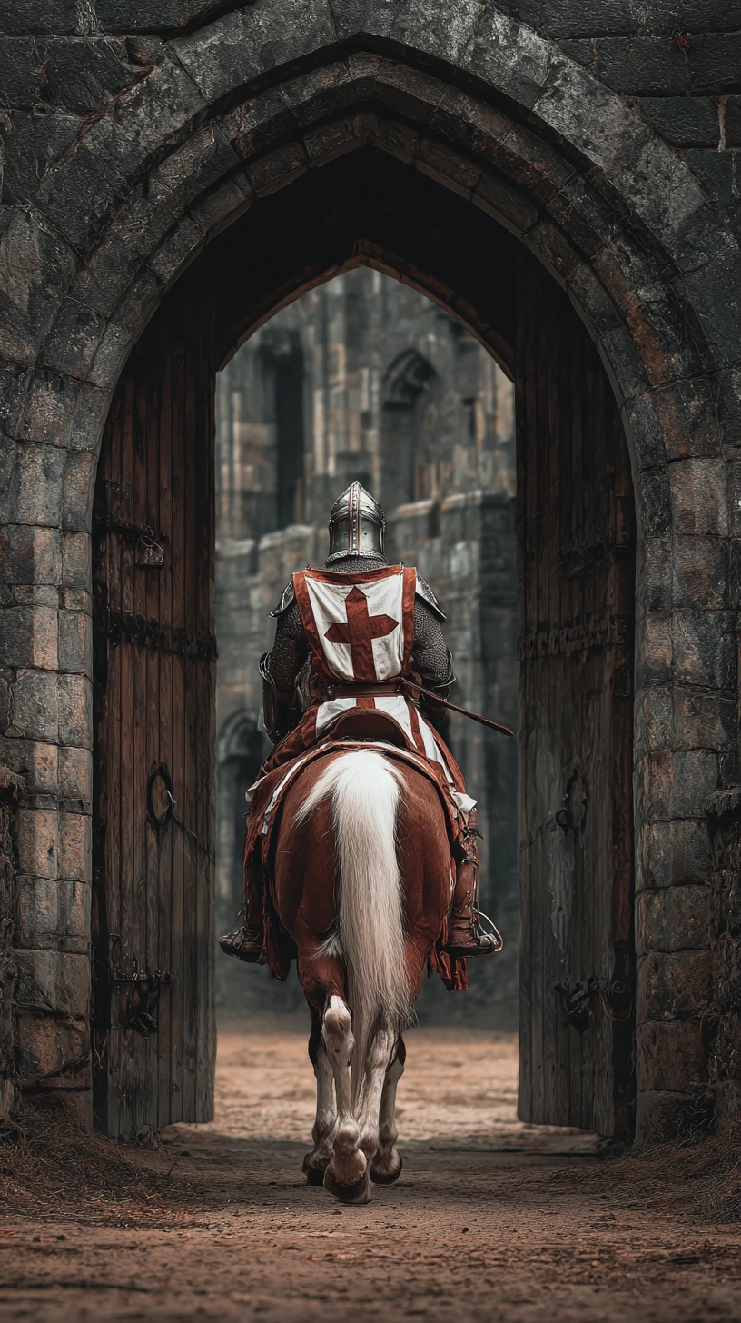 Cavaliere medievale a cavallo che attraversa il portale di un castello