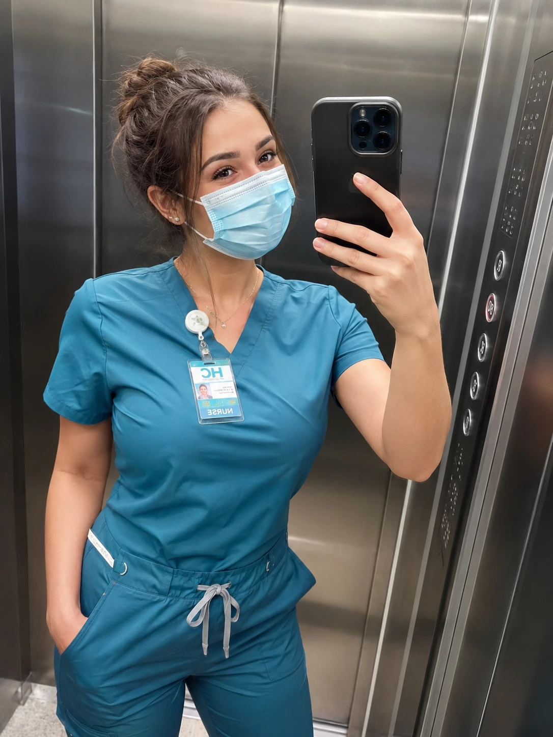 Weibliche Gesundheitsfachkraft macht ein Selfie im Aufzug