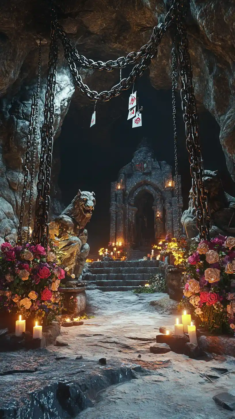 Ingresso di grotta di pietra incatenato, sorvegliato da statue di drago e tigre