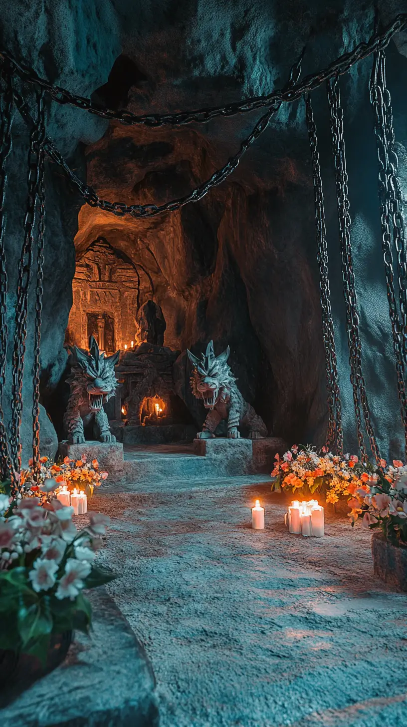 Chained cave entrance with dragon and tiger statues