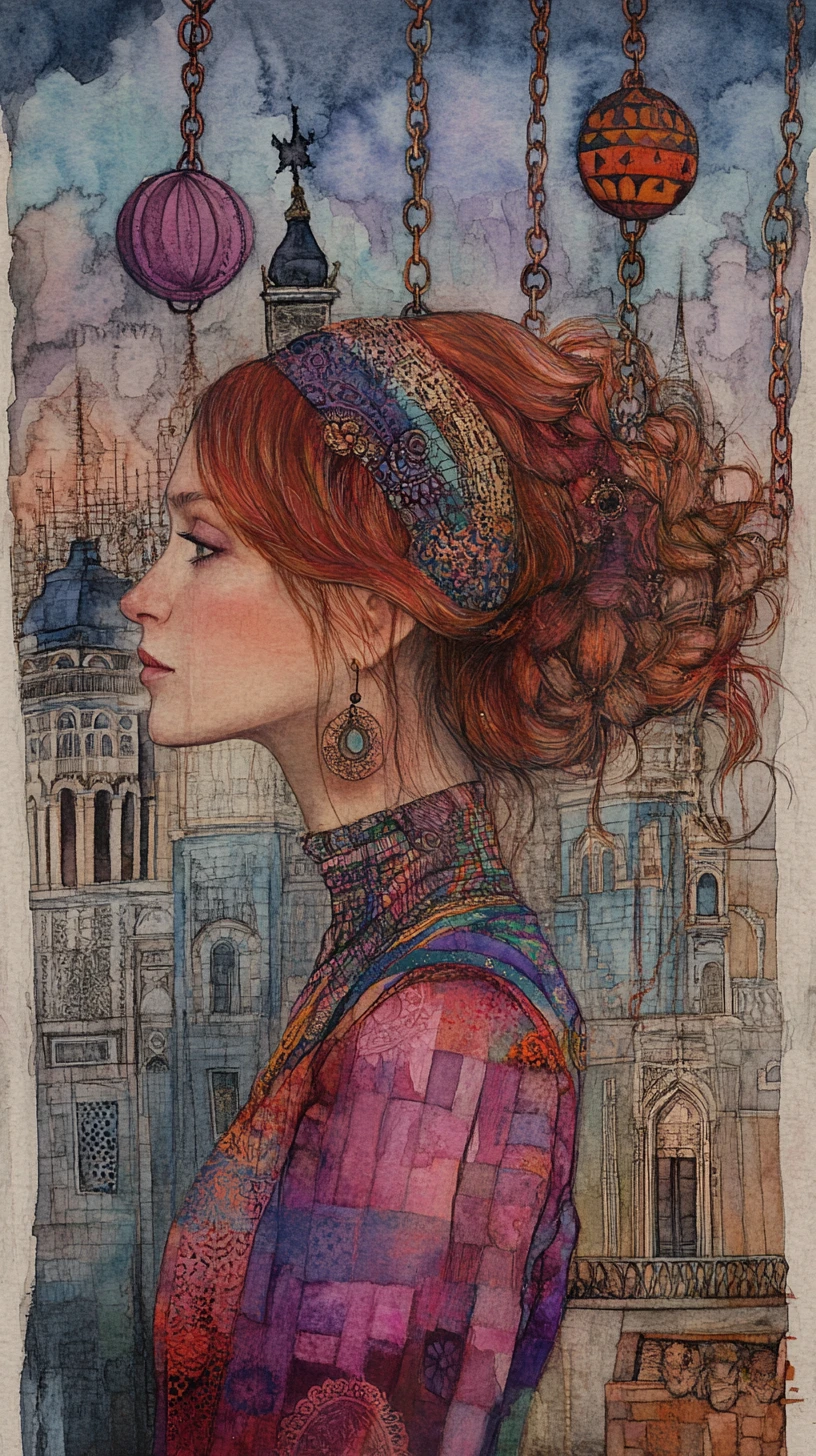 遠方監獄前的女子水彩肖像