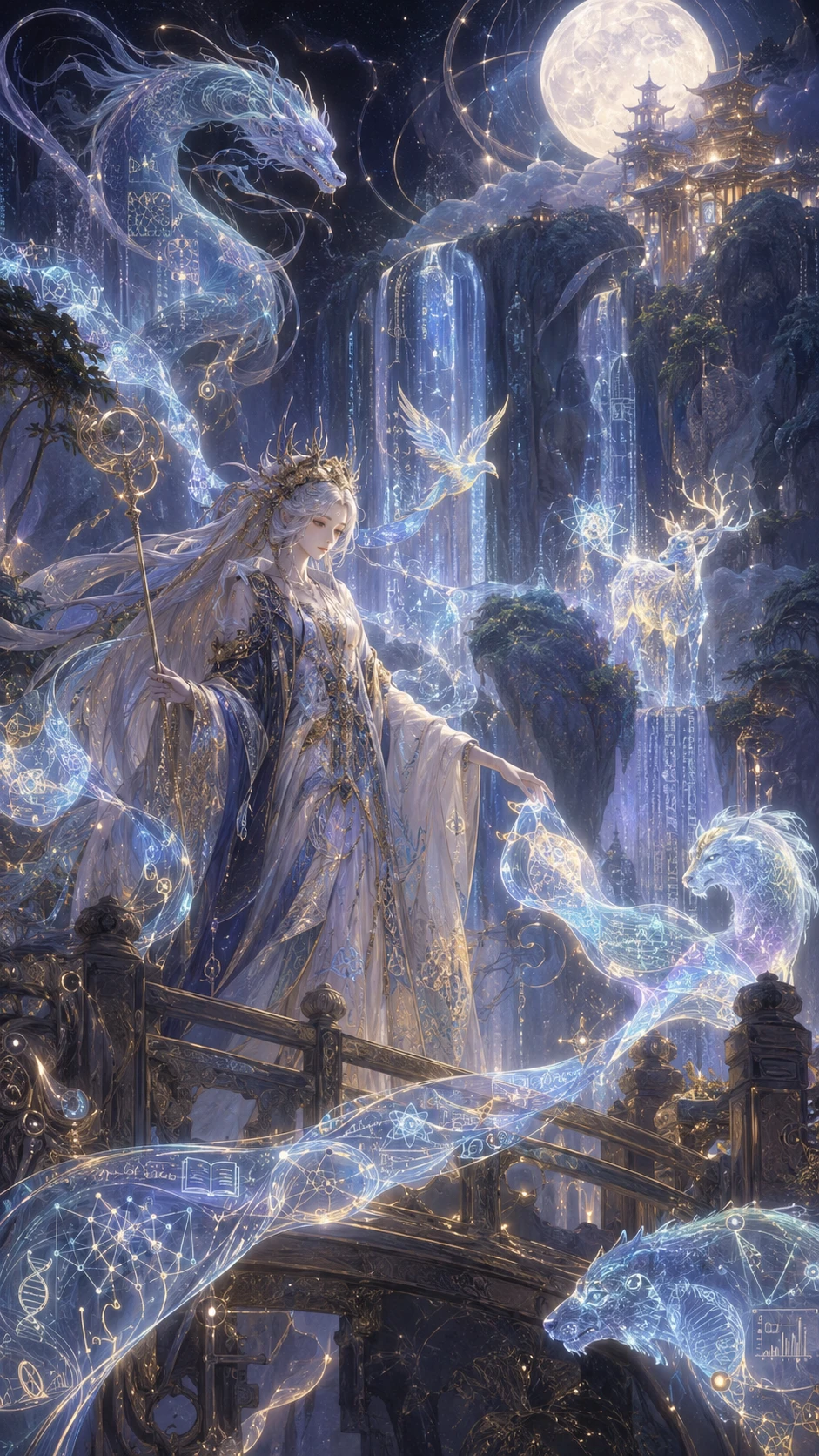 Spectral guardian leading glowing wisps across enchanted bridge