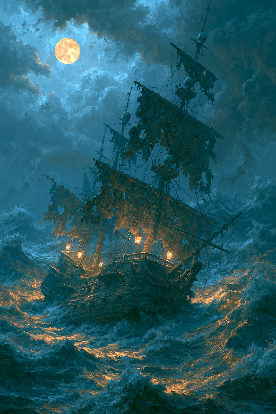 Navire pirate fantôme dans les vagues d’un océan orageux au clair de lune