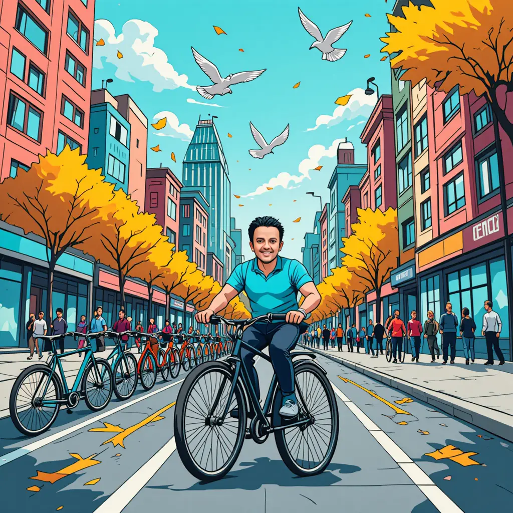 Joyful cyclist riding through colorful cartoon cityscape