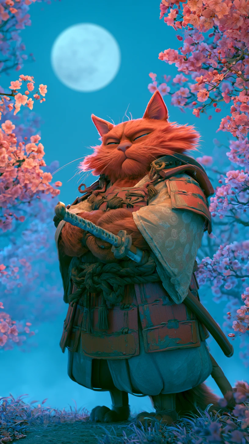 Gato samurai laranja feroz sob um céu de luar dos sonhos