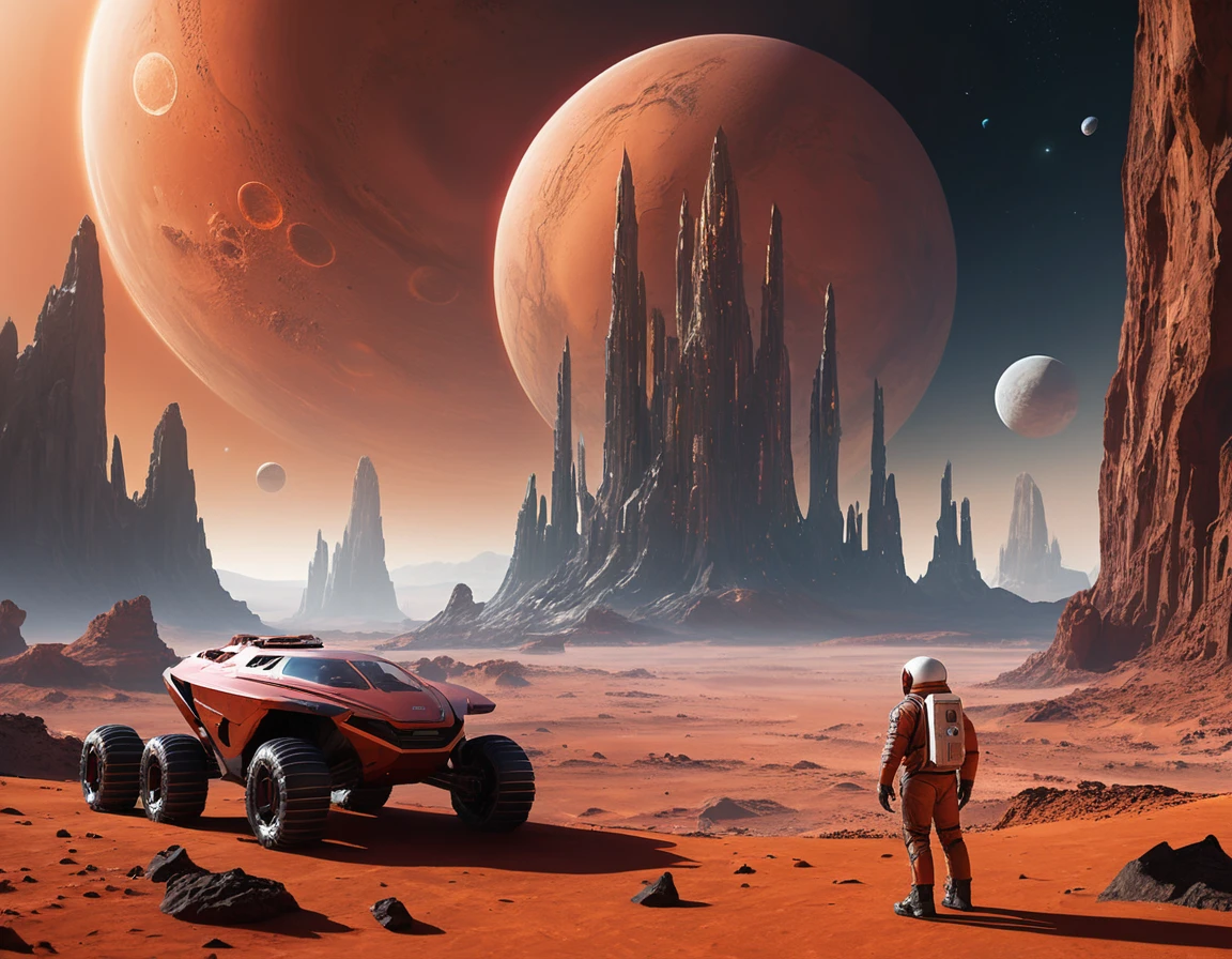 Astronaut Watching Floating Mountains On Alien Mars Landscape