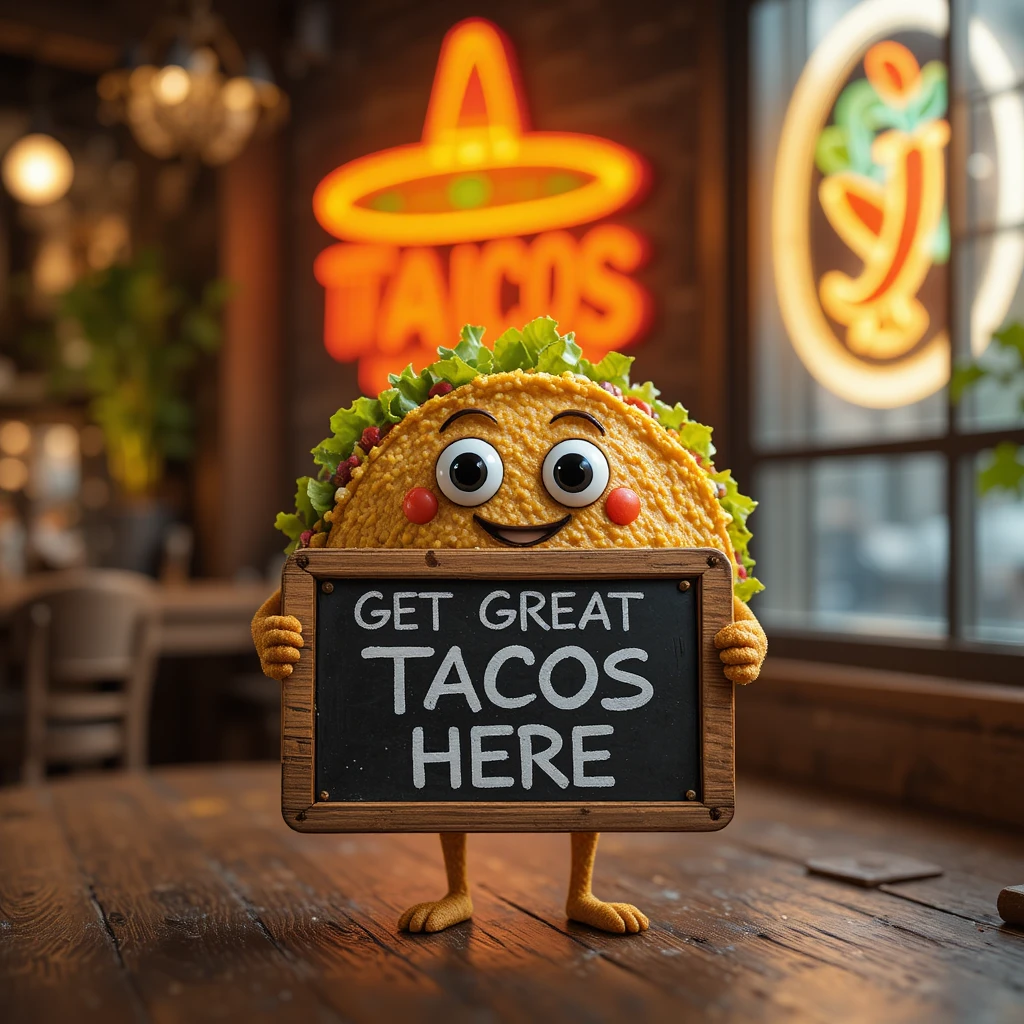 Mascote de Taco Alegre Segurando Placa de Giz Sobre a Mesa