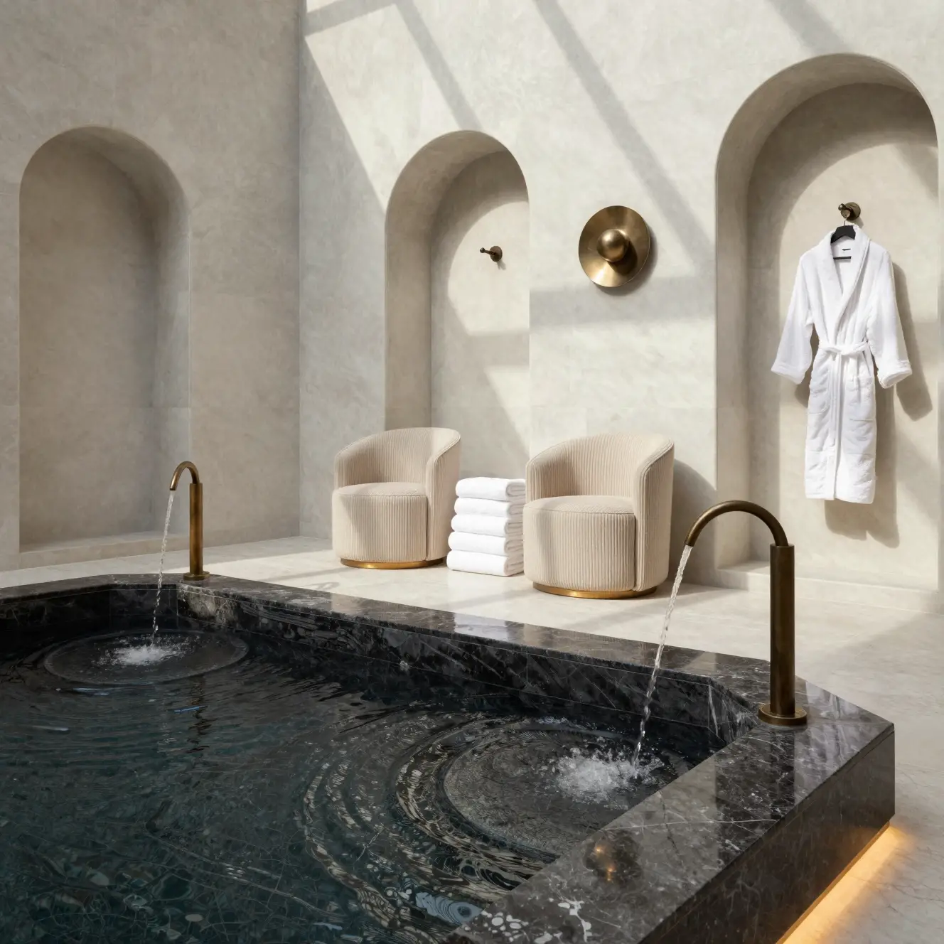 Luxurious spa room with sunken marble pool and chairs