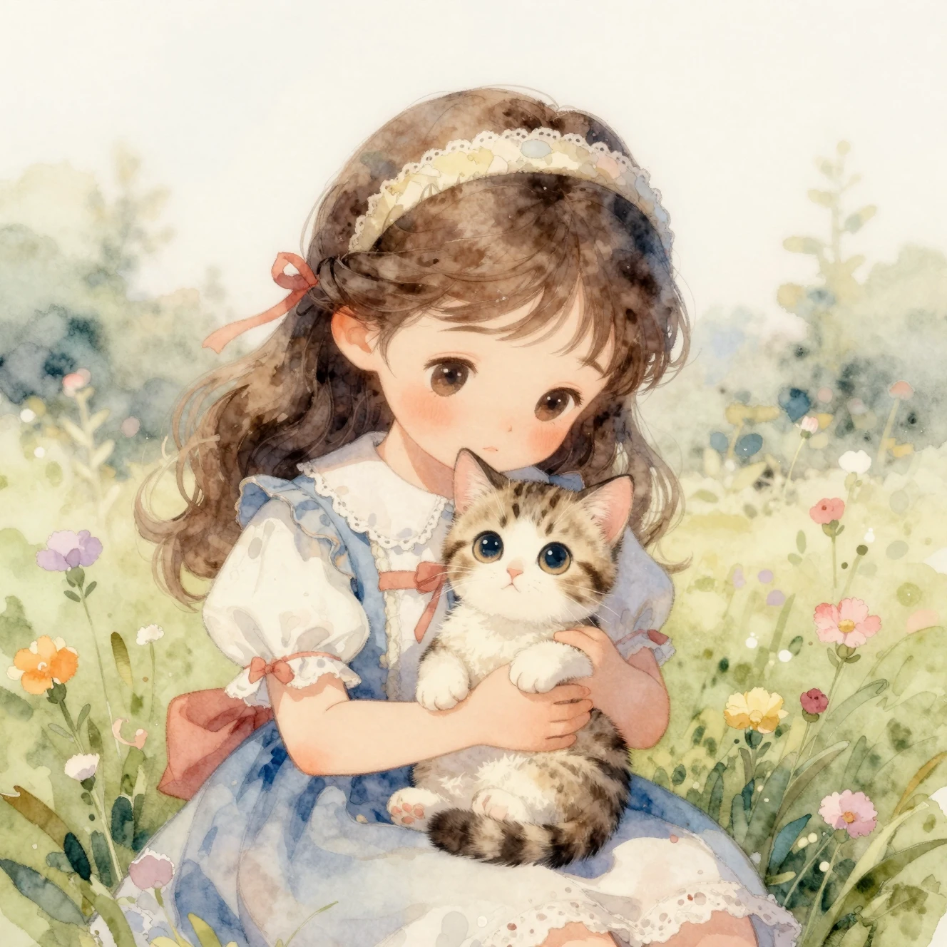 夢のようなシーンで子猫を抱く水彩画の少女