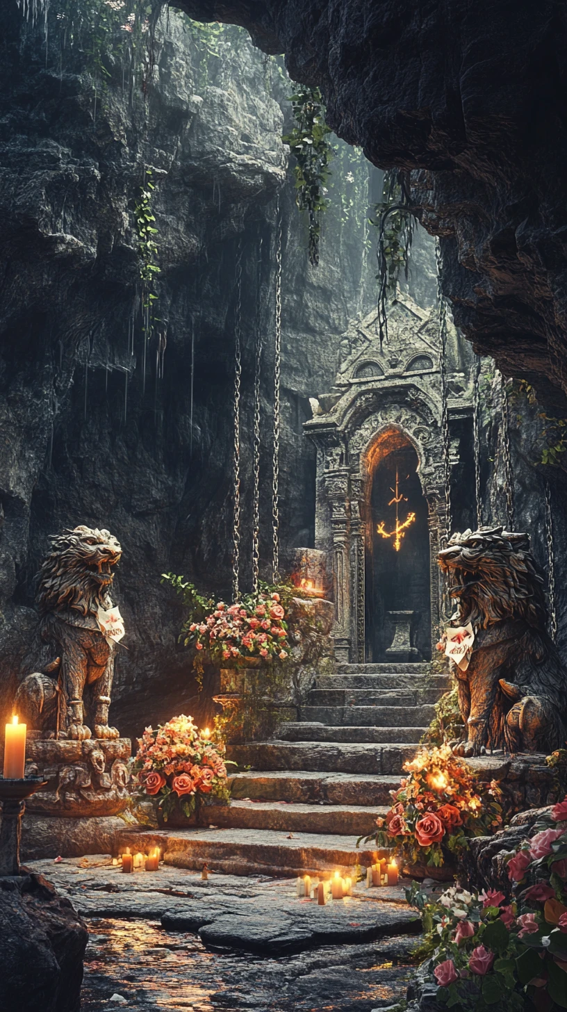 Chained cave entrance with dragon and tiger statues