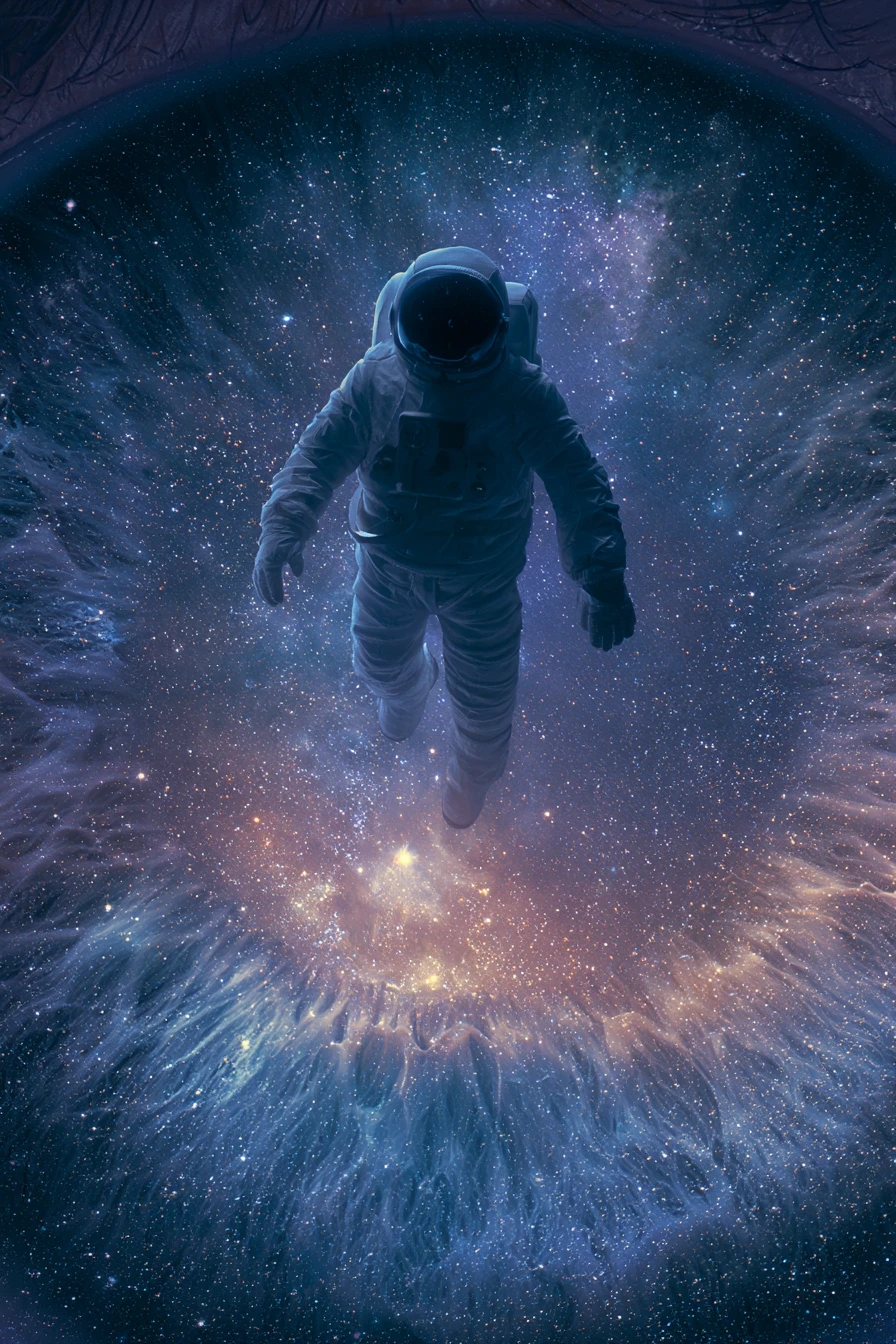 Astronaut Floating From Human Eye Into Deep Outer Space