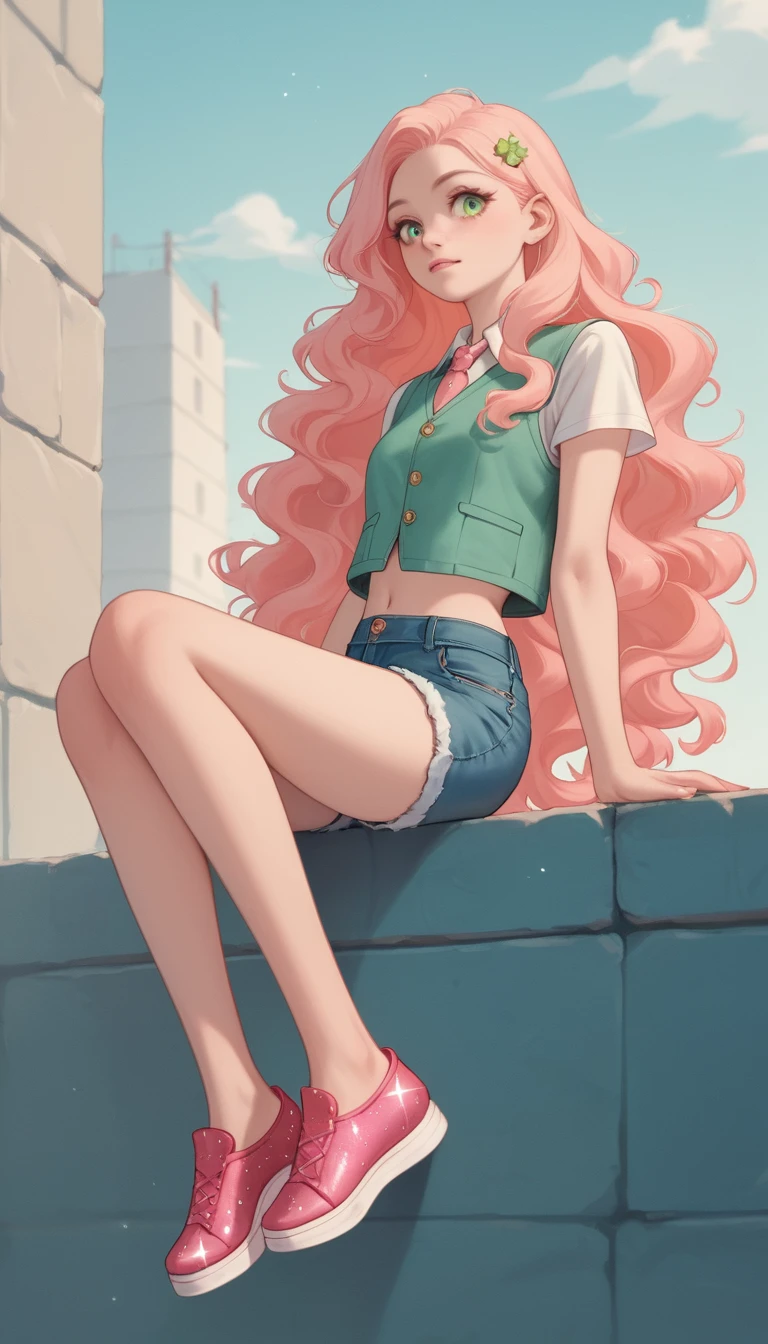 海辺の夕日を眺めて壁に座る若い女性