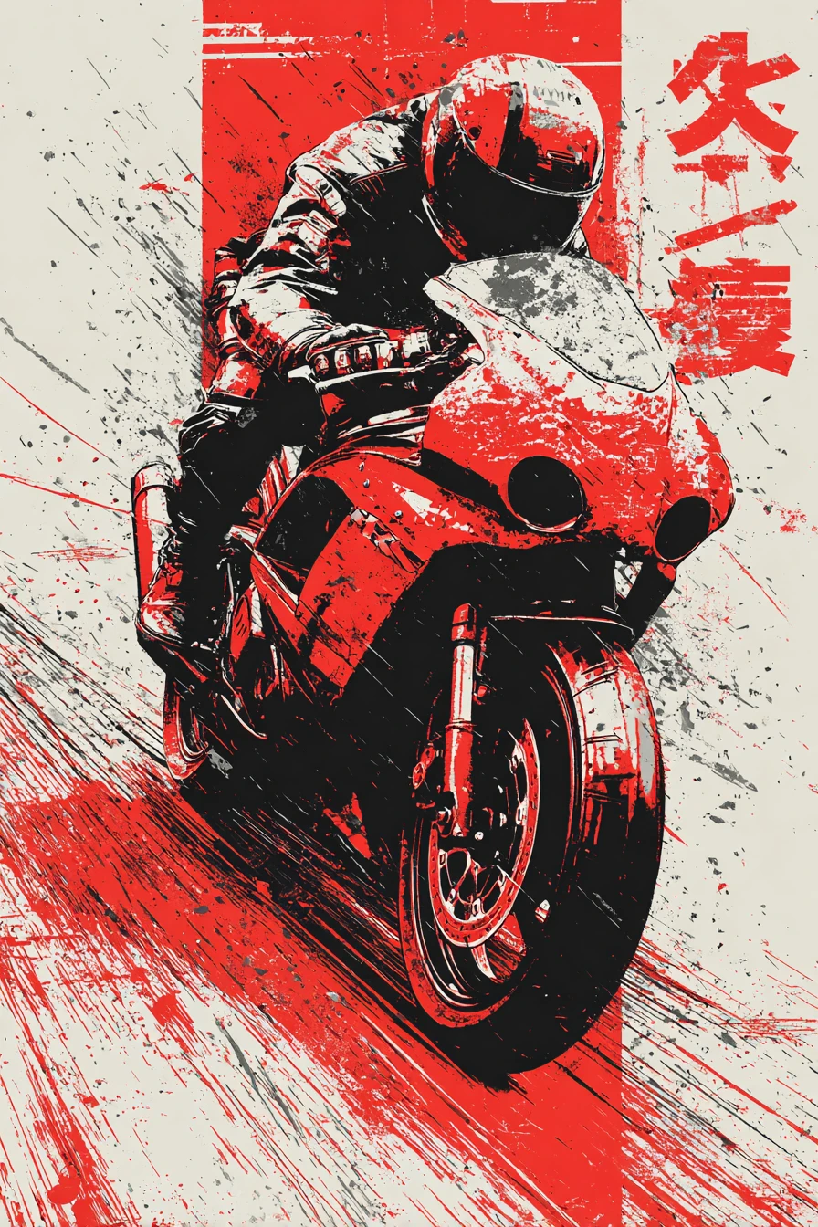 Motociclista dinâmico em vermelho e preto no estilo urbano japonês