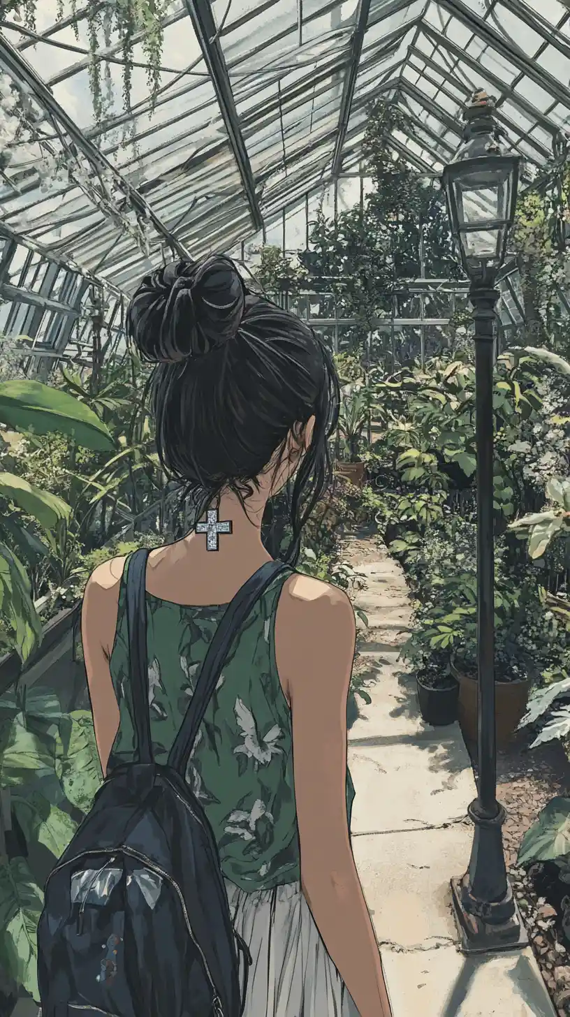 エキゾチックな植物が茂る温室の中のアニメ少女
