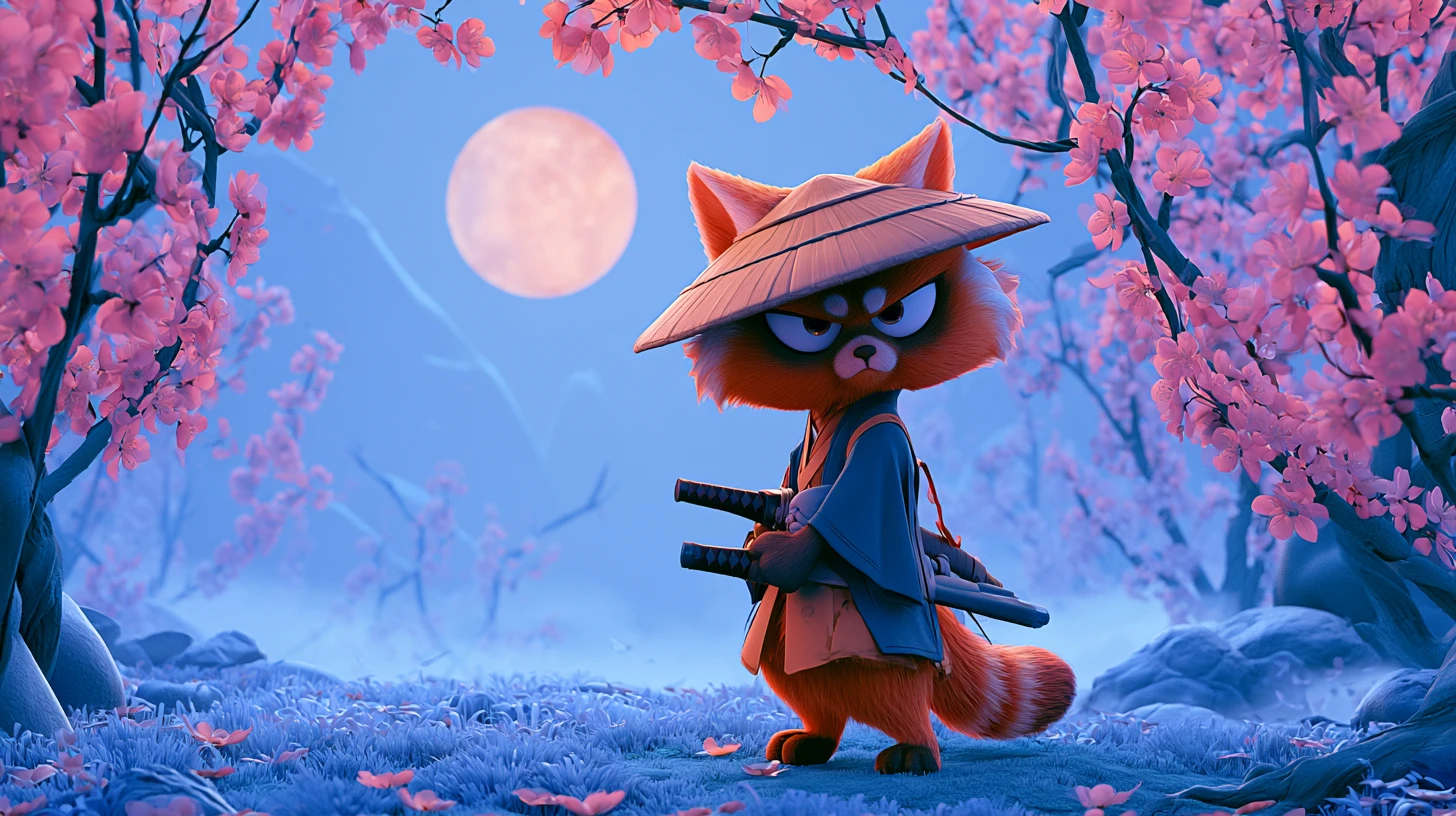 Wild entschlossene Samurai-Katze unter einem traumhaften japanischen Mond
