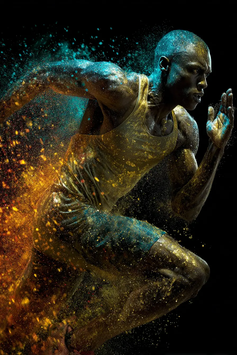 Sprinter exploding from starting blocks in cinematic profile