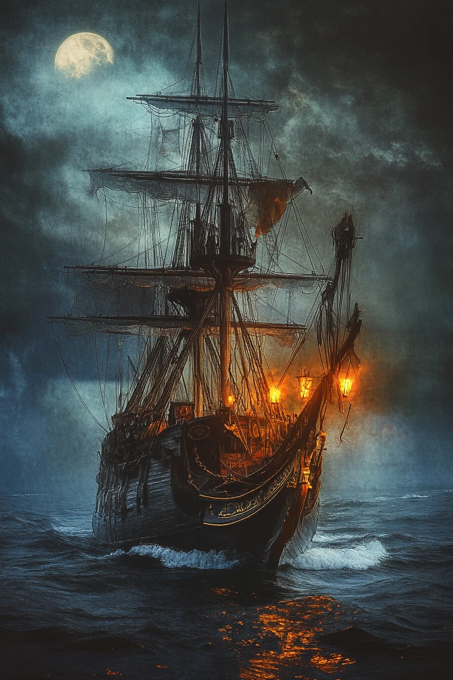 Navire pirate fantomatique et surréaliste dans une mer orageuse au clair de lune
