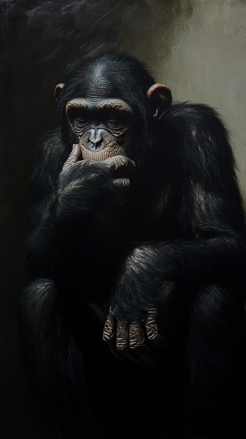 Chimpanzee Sitting In Shadow With Contemplative Hand Pose